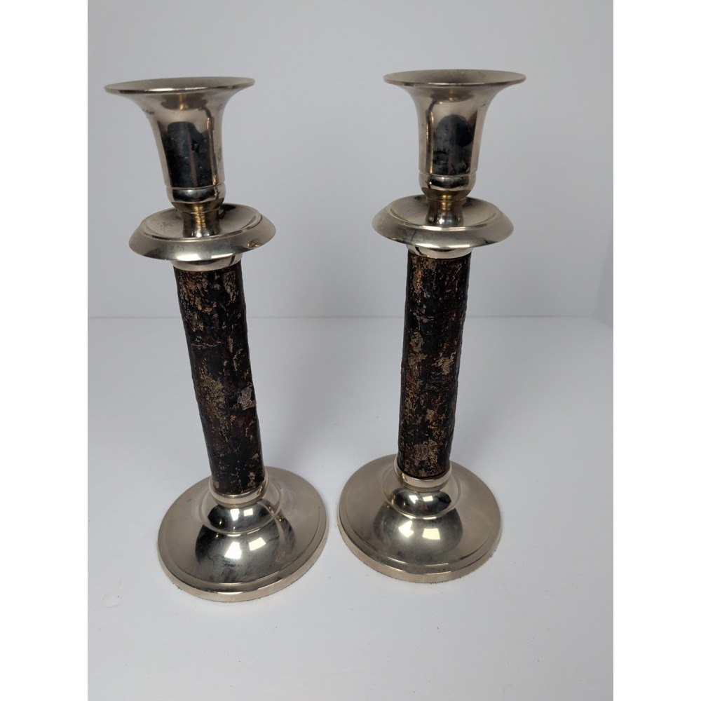 William Sonoma Walnut Bark / Silver Candle Sticks  8 1/4 in set of 2